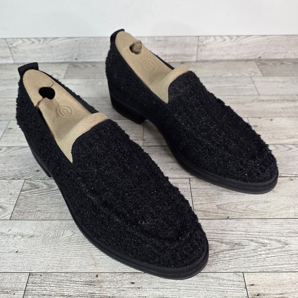 Rothy's Women Lug Loafer in Black Boucle Shoes Size 9.5 Chunky Heels Slip On